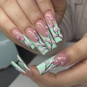 24 Pcs Long Square Cherry Blossom Floral 3D Green French Tip Press On Nails NIB